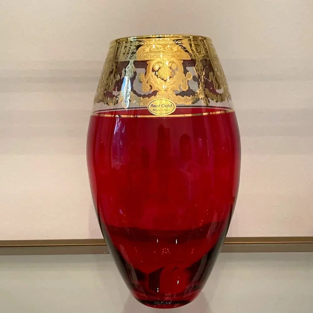 Vintage Style Vecchia Murano Ruby Red Art Glass Vase w/ 24 kt Gold Rim 11in NEW